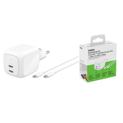 Зарядний пристрій мережевий Belkin 67Вт 2хUSB-С GAN PD PPS, кабель USB-С > USB-C, 2м, білий (WCH020KQ2MWH-B6)