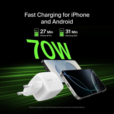 Зарядний пристрій мережевий Belkin 70Вт 2хUSB-С/USB-A GAN PD PPS, білий (WCH018HQWH)