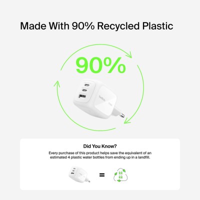 Зарядний пристрій мережевий Belkin 70Вт 2хUSB-С/USB-A GAN PD PPS, білий (WCH018HQWH)