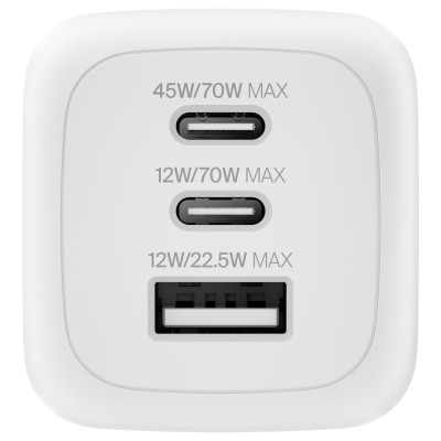 Зарядний пристрій мережевий Belkin 70Вт 2хUSB-С/USB-A GAN PD PPS, білий (WCH018HQWH)