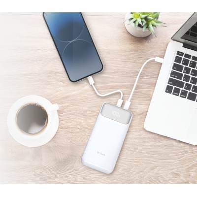 Акумулятор портативний літій-іонний Power Bank D-Link 20000мА*год, 65Вт PD 3.0, QC 3.0, 2xUSB-C, 1xUSB-A з дисплеєм, білий (DPP-