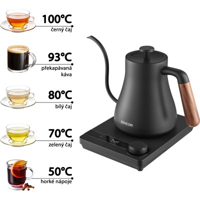 Електрочайник Sencor 0.6л, 5 темп.реж, підтримка температури, мех. управління, нержавіюча сталь, чорний (SWK2828BK)
