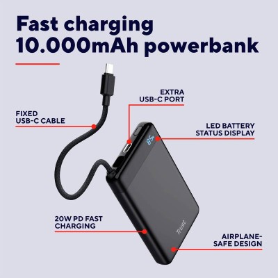 Акумулятор портативний літій-іонний power bank Trust Fiera, 10000мА·год, 2хUSB-C, 20W, PD/QC 3.0, чорний (25880_TRUST)