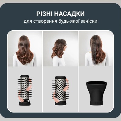 Фен-щітка Rowenta Brush Active, 1000Вт, 3 режими, іоніз-я, хол. обдув, оберт. насадка, 3 насадки, кераміка, чорний (UB9530F0)