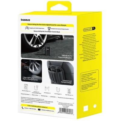 Автокомпресор OS-Baseus GoTrip VA1 Super Mini Wired Inflator 22-Cylinder Cosmic Black (Includes: Air Hose x1, Air Nozzles x3, Ch