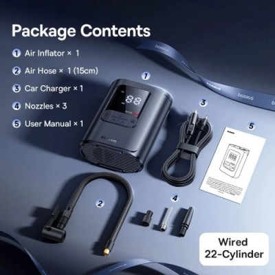 Автокомпресор OS-Baseus GoTrip VA1 Super Mini Wired Inflator 22-Cylinder Cosmic Black (Includes: Air Hose x1, Air Nozzles x3, Ch