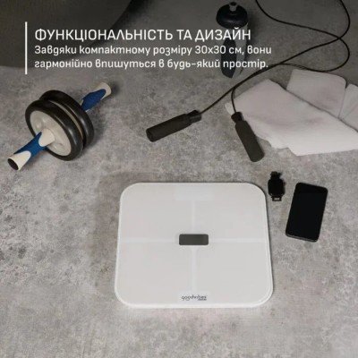 Ваги Tefal підлогові Goodvibes Sport, 200кг, Bluetooth, AAAx4 в комплекті, скло, білий (BM9740F0)