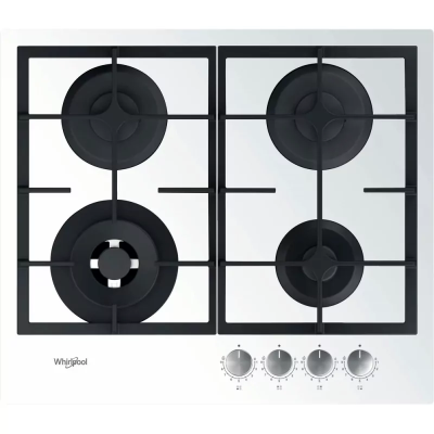 Варильна поверхня Whirlpool газова на склі, 60см, чавун, конфорка з подвійним рядом полум'я, білий (GOFL629WH)