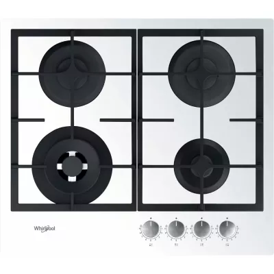 Варильна поверхня Whirlpool газова на склі, 60см, чавун, конфорка з подвійним рядом полум'я, білий (GOFL629WH)