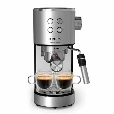 Кавоварка Krups ріжкова Virtuoso+ Tamping System 1л, мелена, ручний капучинатор, 15 бар, сірий (XP499EE0)