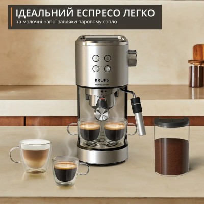 Кавоварка Krups ріжкова Virtuoso+ Tamping System 1л, мелена, ручний капучинатор, 15 бар, сірий (XP499EE0)