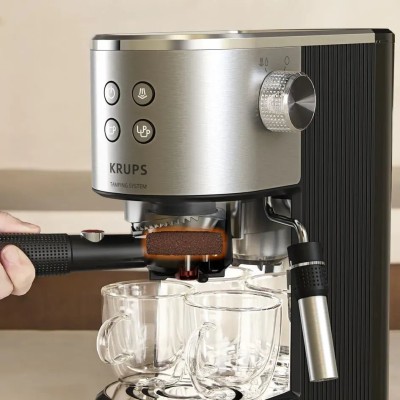 Кавоварка Krups ріжкова Virtuoso+ Tamping System 1л, мелена, ручний капучинатор, 15 бар, сірий (XP499EE0)