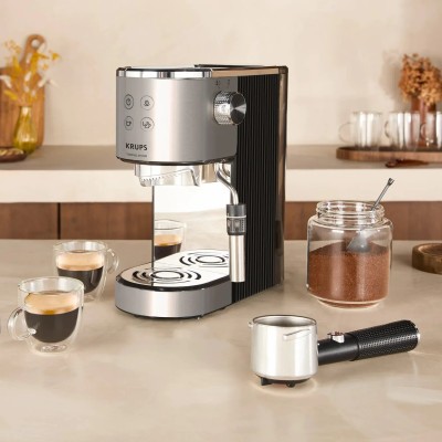 Кавоварка Krups ріжкова Virtuoso+ Tamping System 1л, мелена, ручний капучинатор, 15 бар, сірий (XP499EE0)