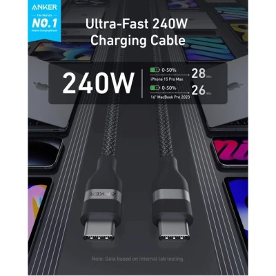 кабель ANKER USB-C to USB-C - 1.8m 240W Upcycled-Braided (Чорний)