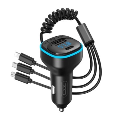 АЗП XO BCC07 USB-A/USB-C 3.1A FM Transmitter With Lightning/MicroUSB/Type-C Cable Black