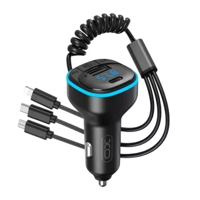 АЗП XO BCC07 USB-A/USB-C 3.1A FM Transmitter With Lightning/MicroUSB/Type-C Cable Black