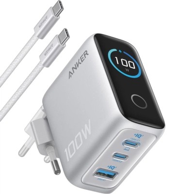 мережева зарядка ANKER GaN Charger 100W, 2xUSB-C PD & 1xUSB-A w Display and Cable (Silver)