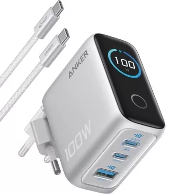 мережева зарядка ANKER GaN Charger 100W, 2xUSB-C PD & 1xUSB-A w Display and Cable (Silver)