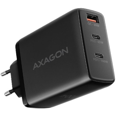 Мережевий зарядний пристрій AXAGON ACU-DPQ100, 3x port (USB + dual USB-C), PD3.0/QC4+/PPS/Apple, 100W, black