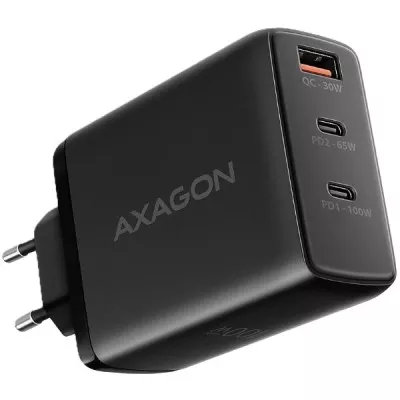 Мережевий зарядний пристрій AXAGON ACU-DPQ100, 3x port (USB + dual USB-C), PD3.0/QC4+/PPS/Apple, 100W, black