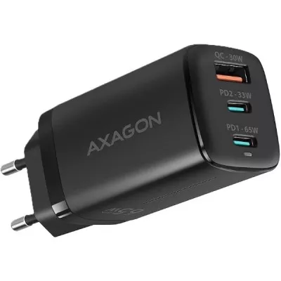 Мережевий зарядний пристрій AXAGON ACU-DPQ65, 3x port (USB + dual USB-C), PD3.0/QC4+/PPS/Apple, 65W, black
