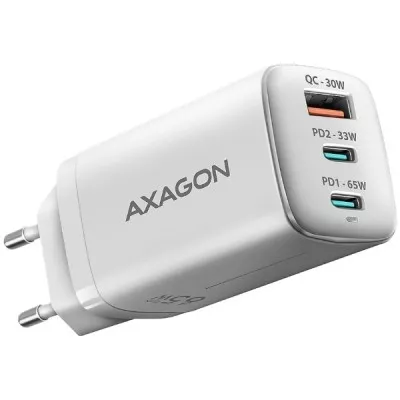 Мережевий зарядний пристрій AXAGON ACU-DPQ65W, 3x port (USB + dual USB-C), PD3.0/QC4+/PPS/Apple, 65W, white