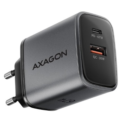 Мережевий зарядний пристрій AXAGON ACU-PQ67, 2x port (USB + USB-C), PD3.0/QC4+/PPS/Apple, 67W, сірий