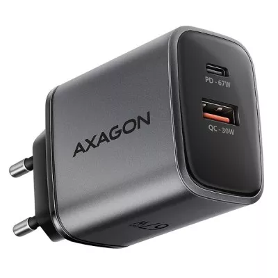 Мережевий зарядний пристрій AXAGON ACU-PQ67, 2x port (USB + USB-C), PD3.0/QC4+/PPS/Apple, 67W, сірий