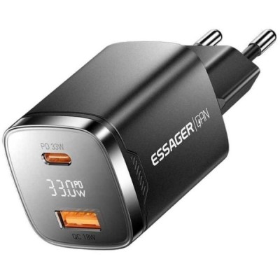 Мережевий Зарядний пристрій ESSAGER Gamet 33W GaN Digital Display A+C (ECT33W-GMB01-Z) Black