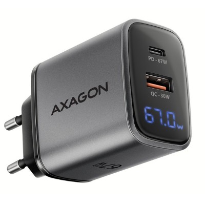 Мережевий зарядний пристрій з дисплеєм AXAGON ACU-PQ67D, 2x port (USB + USB-C), PD3.0/QC4+/PPS/Apple, 67W, сірий