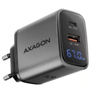 Мережевий зарядний пристрій з дисплеєм AXAGON ACU-PQ67D, 2x port (USB + USB-C), PD3.0/QC4+/PPS/Apple, 67W, сірий